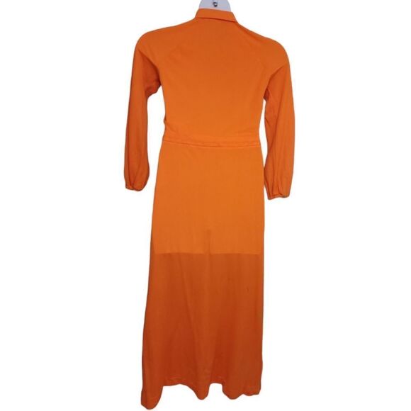 VINTAGE 70s dress orange tangerine long sleeve zip up maxi dress disco collar M - Picture 2 of 15